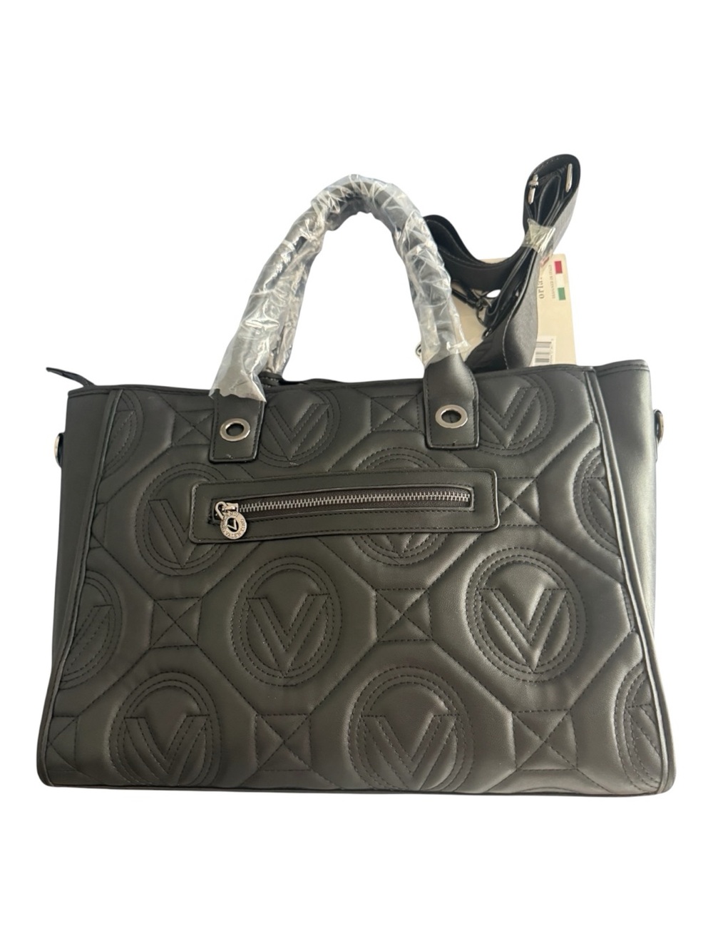 NWT Valentino Orlandi Black Quilted Tote Bag V Logo Luxury Shoulder Bag